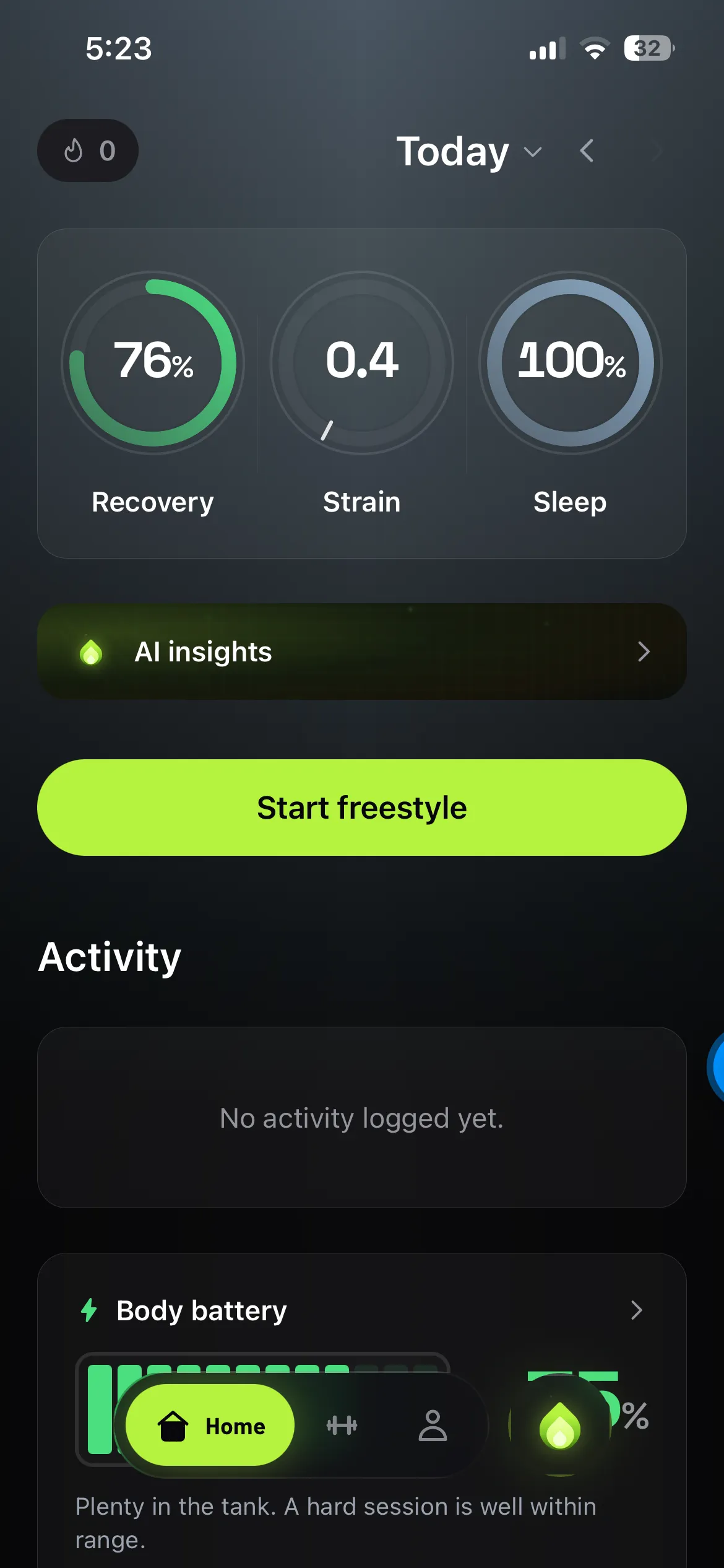 ForgeFit home screen showing 76% recovery, strain and sleep rings, with AI insights and body battery